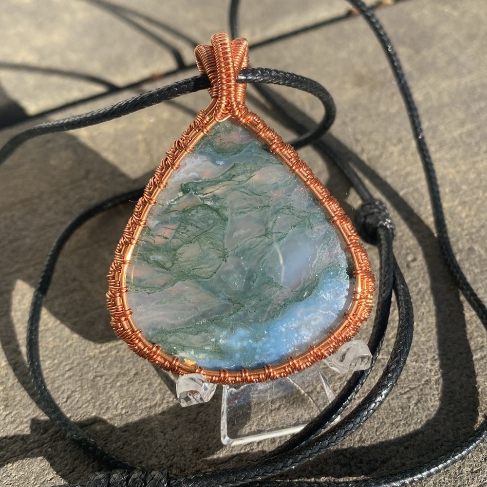 Copper Wire Wrapped Moss Agate Pendant